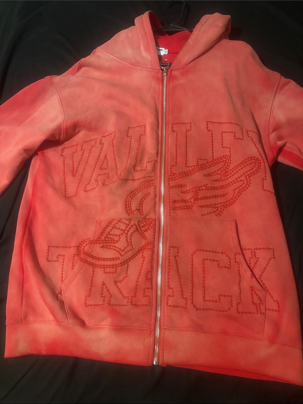 Valley Track Embroidered Zip-Up Hoodie in Faded Coral